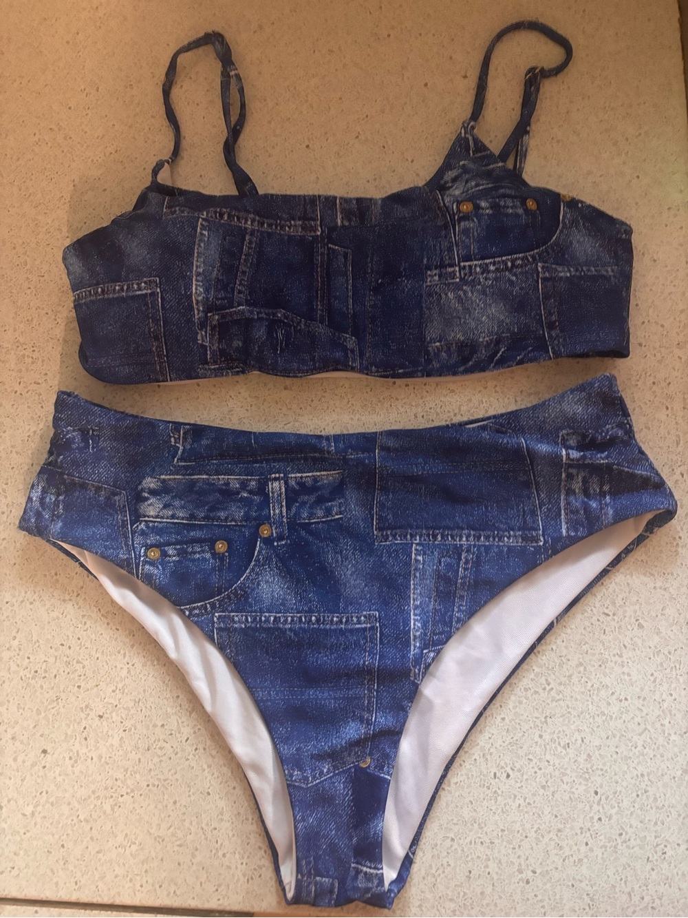 Denim-Print Two-Piece Bikini Set in Blue
